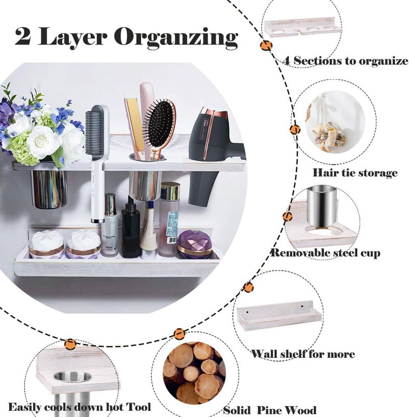 Ayxeute Wall-Mounted Hair Tool Organizer with Heat Resistance - Set of 2 Layer Rustic Blow Dryer Holder (White) - Image 4